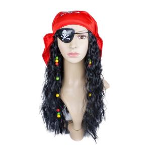 วิกโจรสลัดพร้อมแผ่นปิดตาชุดผ้าพันคอเครื่องประดับคอสตูมเครื่องแต่งกายโจรสลัดวิกโจรสลัดสีดำหยิกยาวสำหรับปาร์ตี้ฮาโลวีน