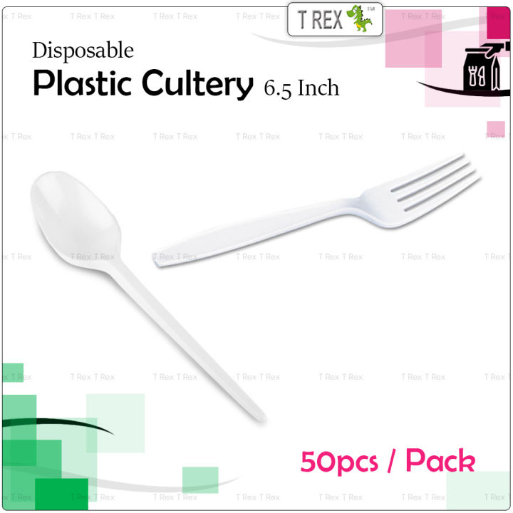 ECON] 50pcs Disposable Plastic Spoon / Plastic Fork - 6.5 Inch - White