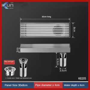 Xinkunlong K8205 30*8CM 304 Stainless Steel Bathroom Rectangular Floor Drain Deodorant Drainage Floor Drains (Side Drainage）