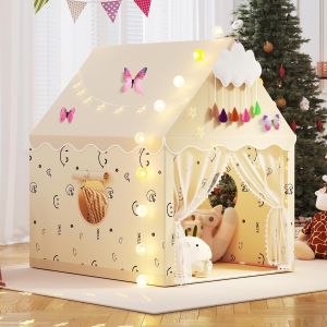 [SG Stock] Polyester Kids Play Tent 1.3M  Children Playhouse Portable Princess Castle with MatCloudButterfly and Lights