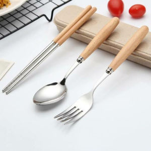 Stainless Steel Bamboo Spoon&Fork Chopsticks Setw/ Container amboo Grip Spoon Chopsticks Fork Travel Tableware Made of premium stainless steel with comfortable bamboo handles including spoon fork and chopsticks. Comes with a compact storage box