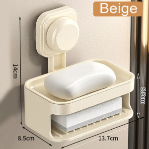 Suction Cup Soap Box With Sponge Scrubber No Drilling Double-Layer Drainage Bathroom Wall Mounted Shelf Soap Box