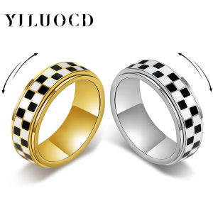 Stainless Steel Checkered Fidget Spinners Rings Black and White Checkerboard Rotate Ring for Stress Relief Spinner Jewelry