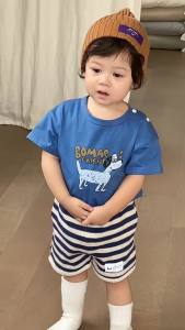 Boys summer clothing lightweight style 2026 Childrens Summer Clothes Korean Style Baby Cartoon Clothing T Striped shirt and shorts set