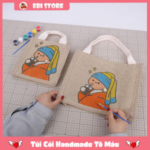 Túi Cói Handmade Túi Tote Vintage Đầy Đủ Bút Lông Và Hộp Màu Tô Tranh Hình Vẽ Xinh Xắn - EB90