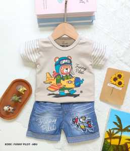 Setelan anak laki set celana jeans baju bayi Motif Funny Pilot