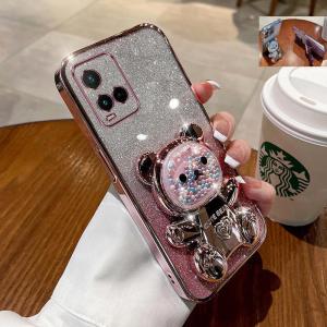 Plating glitter soft casing for Vivo Y21 y21s y33s 4G y21a y21t y33t phone case TPU 3D cute cartoon bear stand silicone shockproof protcetion phone cover