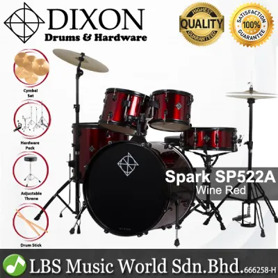 Dixon Spark Drum Set Complete Standard 5 Piece Drum Kit Bundle Cyclone Red