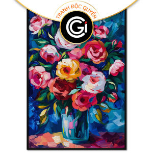 Tranh tĩnh vật phong thủy bình hoa hồng tranh treo tường dán tường decor nội thất.CGI-782