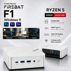 FIREBAT F1 Gray Mini PC with 512GB SSD AMD Radeon 760M AMD Ryzen 5 7640HS 24GB RAM