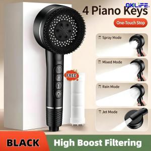 [OKLIFE®]Practical Handheld Shower Head 4 Speed Modes Piano Key Switch One‑Touch Shut‑off High Pressure Shower Nozzle