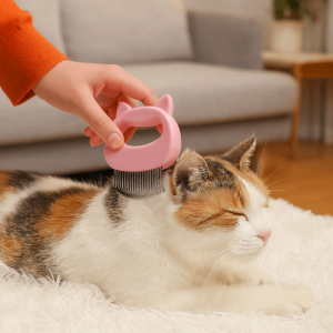 GLOBALTREE Plastic Handle Cat Massage Comb Cat Ear Shape Fine Soft Brush Pet Hair Removal Brush Comfortable Easy Grip Cat Grooming Comb For Long Short Hair