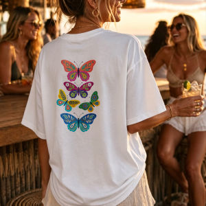 [Local Stock] HBESTY  Colorful Butterflies Floral Pattern Short Sleeve Crew Neck White Stacked Design Casual Summer Top High Quality Cotton Casual Tee