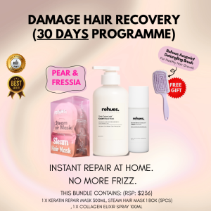 Damage Hair Recovery - 30 Day Program ( 1x Keratin Repair Mask + 1x Steam Hair Mask 5s+ 1x Collagen Spray + 1x Lilac Detangling Brush) - Deep Nourishment for Stronger Shinier Hair - Infused with Hydrolyzed Keratin & Salon Grade Treatment