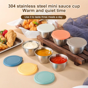 3/6PCS 304 Stainless Steel Sauce Cup Fresh-Keeping Seasoning Box Sauce Dip Bowl For Lunch Box Picnic with Lid