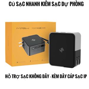 Củ Sạc Nhanh kiêm pin dự phòng 3 IN 1 - Tích Hợp Sạc Tường Kiêm Sạc Dự Phòng Không Dây Mipow Cube X4 tích hợp cáp sạc IPhone