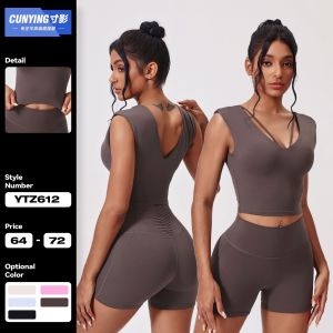 New high-end sportswear womens yoga suit nude V-neck high waist nude yoga suit short-sleeved yoga suit hip running sports fitness suit suit