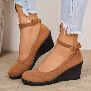 Free Shipping 2026 Spring New Collection: WomenS Waterproof Platform Wedge Heel Round-Toe Low-Cut Buckle Strap Flats