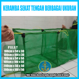 Keramba ikan sekat tengah 2 ruang waring kasa hijau untuk larva ikan siap pakai