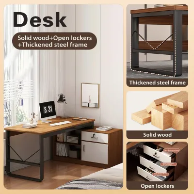Computer Table Multifunctional Study Desk 120cm with Storage Cabinet & Lockers Solid Wood Top Heavy Duty Steel Frame Computer Desk Perfect for Home Office Study & Bedroom Fits Filipino Homes