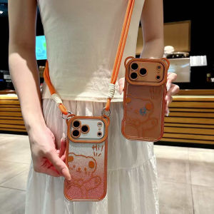 For iPhone 17 Pro Max 16 Pro 15 14 13 Pro 12 iPhone 11 Case with Strap Cute Cartoon Bear Sparkle Bling Pattern with Crossbody Lanyard Glitter for Women Girls Soft TPU Shockproof Cover