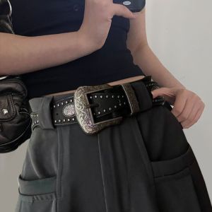 GENENIC Rộng Thắt lưng đinh tán màu đen Ngầu Phong cách Mỹ Cà phê Y2K Belt Đa năng Có thể điều chỉnh Thắt lưng cổ điển PU Phụ nữ