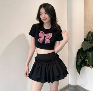 Áo Thun Croptop Nữ In Hình Họa Tiết Nơ Ren Form Ôm Body Phối Đồ Cực Xinh