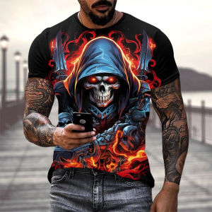 Mens Horror Skull Print T-Shirt 3D Print Vintage O-Neck Short Sleeve Fashion Oversized T-Shirts Mens Summer Street Clothing