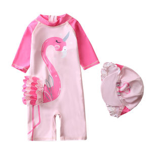 【3D Design】 Sun-suits Swimming Suit For Girls 2pcs Set Short Sleeve Sun Suits + Swim Hats 1-7yr Cartoon Baby Swim Wear Unicorn Flamingo
