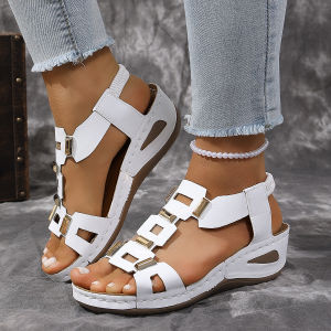 Free Shipping Summer New Metal Wedge Sandals For Women 2026 Thick-Soled Large Size Open-Toe Elastic Strap Roman Sandals In Stock