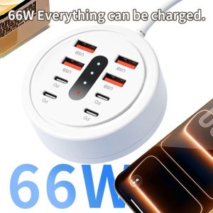 NEMOPH 8-In-1 Design USB-C Fast Charger 66W Power 4USB+4Type C Desktop Charging Station Compact Plug-in Desktop Fast Charging Plug Travel Use