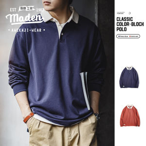 MADEN brand workwear style gentlemanly mature mens youth 2025 spring new American retro knitted contrasting polo hoodie college style loose collar long sleeves