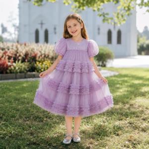 Girls Princess Dress Purple White Tulle Birthday Party Dress for Kids Puff Sleeve Flower Ruffle Dress Children Elegant Gown for Wedding Pageant Flower Girl Dress