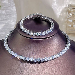 Sequito cao quý cô dâu Bộ trang sức đầy đủ thiết lập Pave tròn sáng bóng aaaaa đá Cubic Zirconia mạ vàng trắng chất lượng cao Bridal tiệc cưới Vòng đeo cổ có thể điều chỉnh độ dài Vòng đeo tay sj382