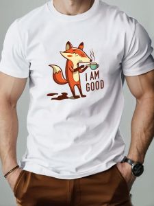 Mens T-Shirt Animal Fox Cartoon Pattern Summer Leisure Breathable 100% Cotton Mens Round Neck T-shirt High Quality Clothing