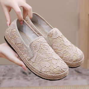 IELGY รองเท้าชาวประมง2025ผู้หญิงรองเท้าผ้าฝ้ายและผ้าลินินรองเท้าส้นเตี้ยสบายผ้าลำลอง