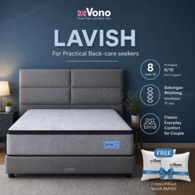 Vono Lavish Mattress (Tilam Vono) | 11 Inch | Elite ProFlex Pocketed Spring | Pillow Top | Back Pain Support | Firmness8