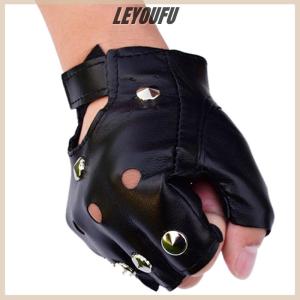 LEYOUFU Leather Fingerless Short Gloves Black s Stud Half Finger Mittens Fashion