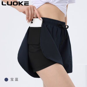 Luoke Womens sports shorts laser punched anti glare yoga pants outdoor casual running quick drying fitness double-layer shorts with pockets
