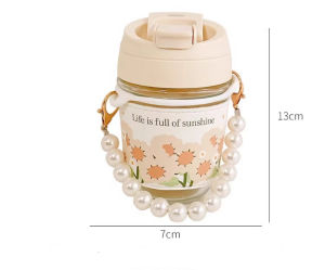 Portable Pearl Coffee Cup Water Double Drinking Glass With Pearl Chain Belt Students Handy Bottle