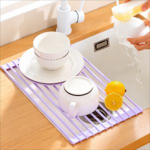 JIANZ Foldable Dish Drying Rack Silicone Roll Up Drain Basket Kitchen Drying Mat Space-Saving Drain Grille Kitchen Sink