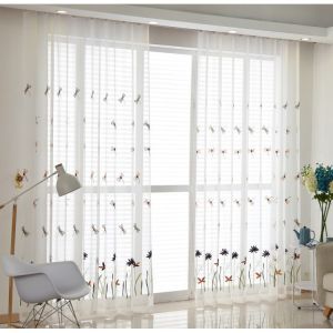 AnneyOneDecor Embroidered Floral Window Curtain Simple Country Style Bedroom Hook Ring Type Sheer Curtain Fashion Tulle for Windows