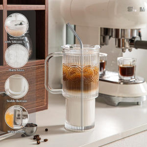 750ML Sunflower Glass Tumbler with Handle Lid 1/2/PCS Large Iced Coffee Cups with Straws Modern Glass Mug for Cold Beverages