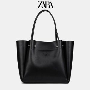 Zara ใหม่ กระเป๋าสะพายไหล่ กระเป๋าถือ หนังนิ่ม ทรงโท้ท ขนาดใหญ่ จุของได้เยอะ แบบพกพา สไตล์มินิมอล สีดํา สําหรับสตรี 2022 2 ชิ้น