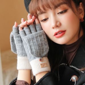 YOCKY Simple Breathable Letter Autumn And Winter Women Driving Gloves Half-finger Gloves Flip Mittens Female Gloves Christmas Wool Mittens