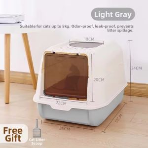Cat litter box with bottom entry and top exit design to prevent litter spillage. Features anti-slip pedal for litter capture leaving no traces. Suitable for indoor use.2 in 1 Open Top with Lid Large Cat Toilet Free Shove Fully Enclosed Splash odor proof
