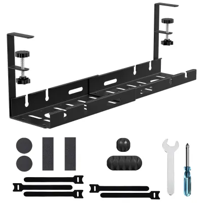 JAERSENT[No Drill ]Under Desk Cable Organizer Wire Plug Management Tray Under Desk Wire Storage Rack /No Drill Cable Tray Basket for Wire Management Sturdy Metal Cable Management Under Desk with Clamp for Home Office，Retractable Cord Organizer for Desk