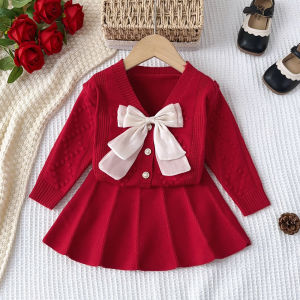Bear Leader Kids Red Christmas Dress Suit V-neck Bow Cardigan Sweater Jacket + Pleated Skirt 2-piece Clothing Sets Solid Color New Year Girls Clothes 3-7 Years