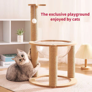 cat climbing frame is designed for self-entertainment play and relaxation. It features a high-quality natural sisal scratching post that is durable and lint-free with a 360-degree high transparency a space capsule-like design a hanging ball a trian