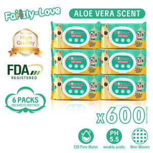 Aloe Vera Scent Baby Wipes 100 Sheets x 5 Packs | Wet Wipes Alcohol-Free Baby Wipes | 500 Sheets Total | Family-Love